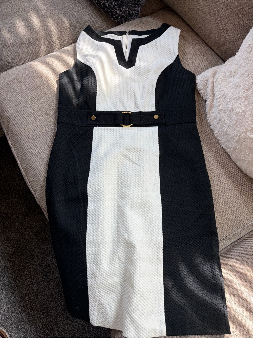 Ann Taylor Black and White Colorblock Sheath Dress with Belt Detail
